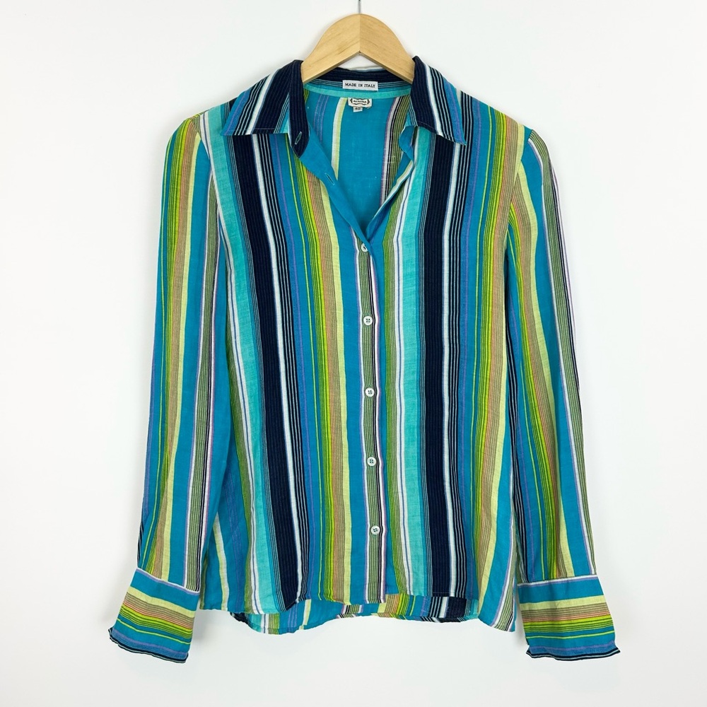 Agnona Linen Blue Striped Long‎ Sleeve Button Down Size 40